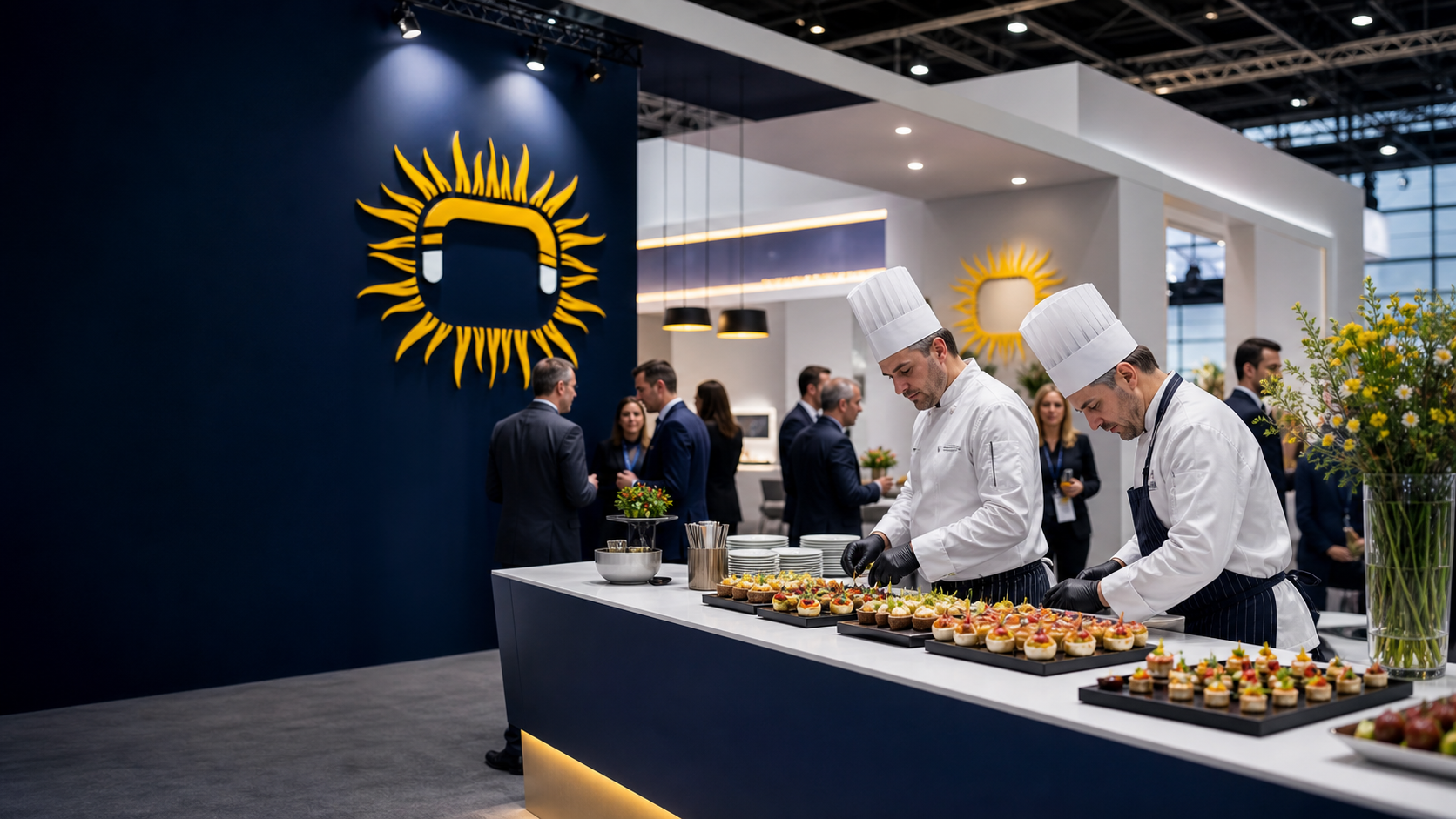Modern fuar standında Sun Organizations servis atmosferi